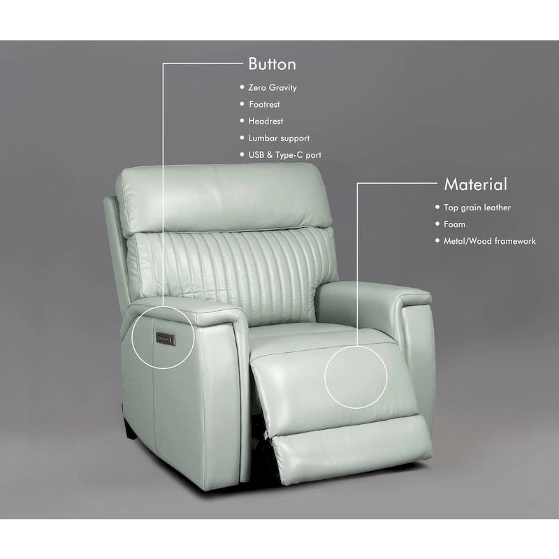 Sillón reclinable eléctrico de cuero con gravedad cero, reposacabezas y soporte lumbar eléctricos, puerto USB y USB-C