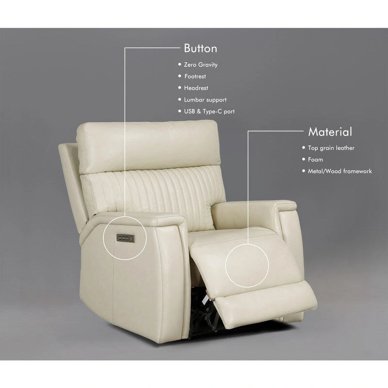 Sillón reclinable eléctrico de cuero con gravedad cero, reposacabezas y soporte lumbar eléctricos, puerto USB y USB-C