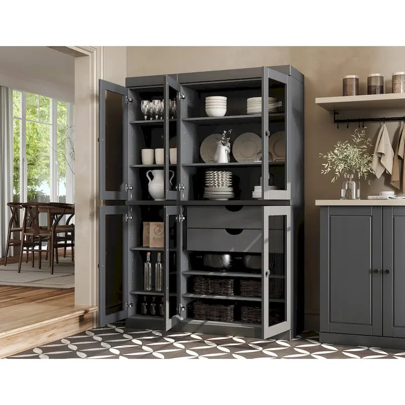 Mueble de despensa/vitrina de pino macizo de 1.23 m (48.5 pulg.) con puertas de vidrio transparente, 2 cajones y estantes ajustables