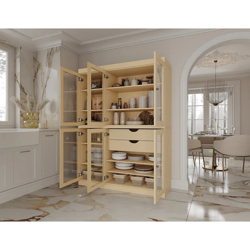 Mueble de despensa/vitrina de pino macizo de 1.23 m (48.5 pulg.) con puertas de vidrio transparente, 2 cajones y estantes ajustables