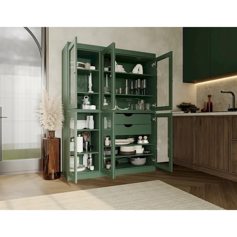 Mueble de despensa/vitrina de pino macizo de 1.23 m (48.5 pulg.) con puertas de vidrio transparente, 2 cajones y estantes ajustables