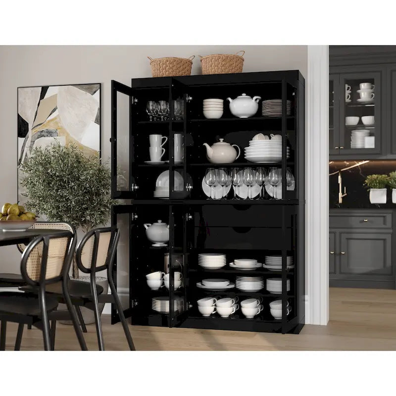 Mueble de despensa/vitrina de pino macizo de 1.23 m (48.5 pulg.) con puertas de vidrio transparente, 2 cajones y estantes ajustables