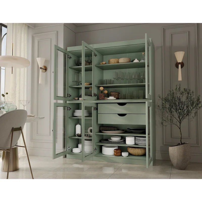 Mueble de despensa/vitrina de pino macizo de 1.23 m (48.5 pulg.) con puertas de vidrio transparente, 2 cajones y estantes ajustables