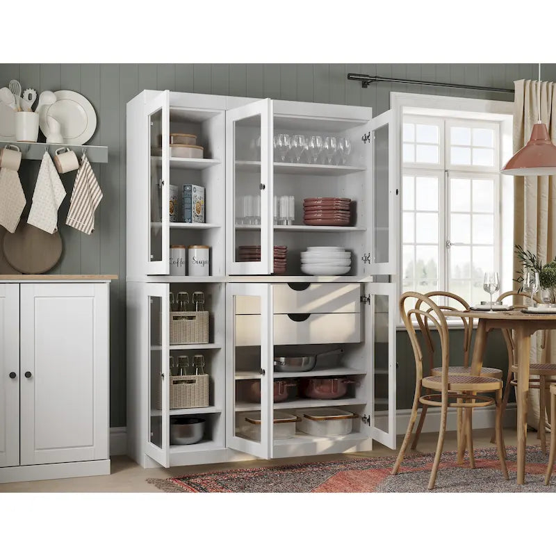 Mueble de despensa/vitrina de pino macizo de 1.23 m (48.5 pulg.) con puertas de vidrio transparente, 2 cajones y estantes ajustables