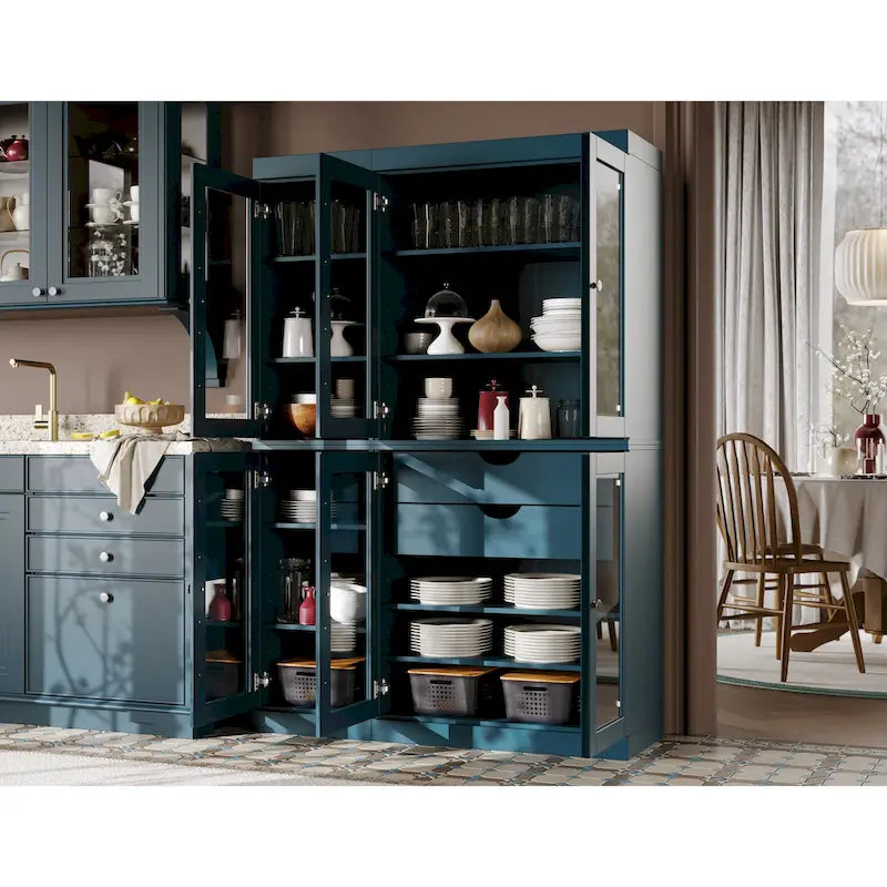 Mueble de despensa/vitrina de pino macizo de 1.23 m (48.5 pulg.) con puertas de vidrio transparente, 2 cajones y estantes ajustables