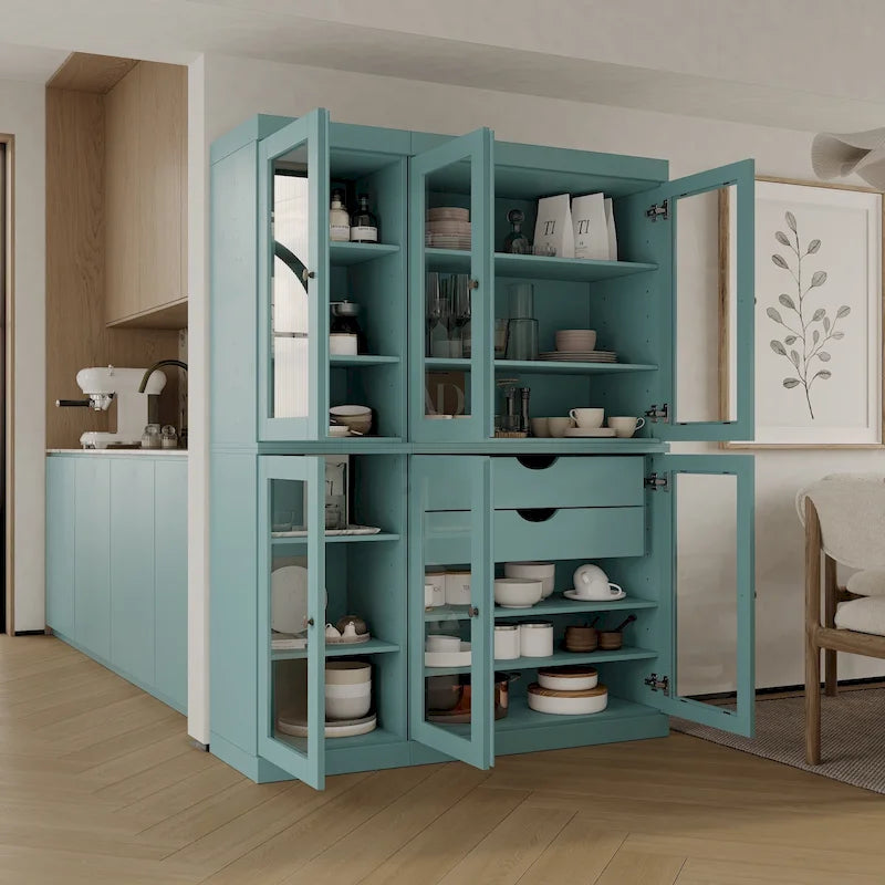 Mueble de despensa/vitrina de pino macizo de 1.23 m (48.5 pulg.) con puertas de vidrio transparente, 2 cajones y estantes ajustables