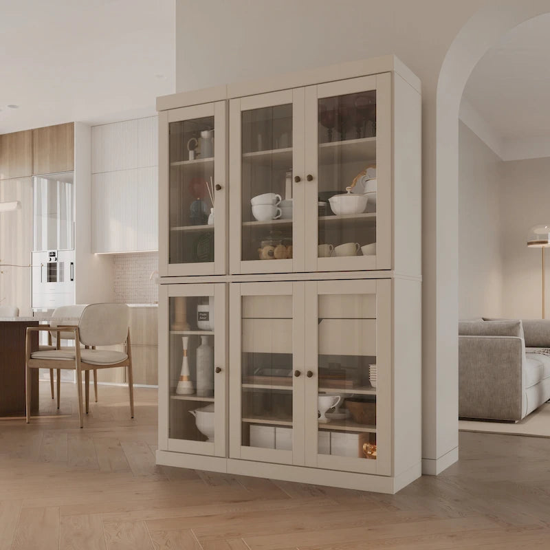 Mueble de despensa/vitrina de pino macizo de 1.23 m (48.5 pulg.) con puertas de vidrio transparente, 2 cajones y estantes ajustables
