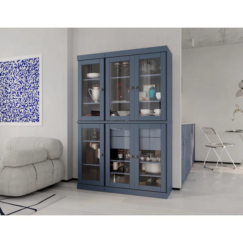 Mueble de despensa/vitrina de pino macizo de 1.23 m (48.5 pulg.) con puertas de vidrio transparente, 2 cajones y estantes ajustables