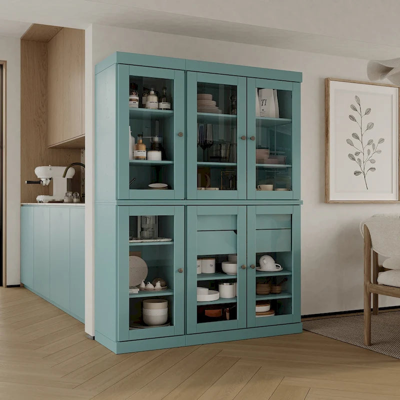  100% Solid Wood 48.5 Pantry China Cabinet with Clear Glass Doors, 2-Drawers and Adjustable Shelves