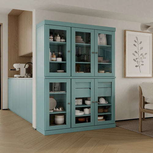  100% Solid Wood 48.5 Pantry China Cabinet with Clear Glass Doors, 2-Drawers and Adjustable Shelves