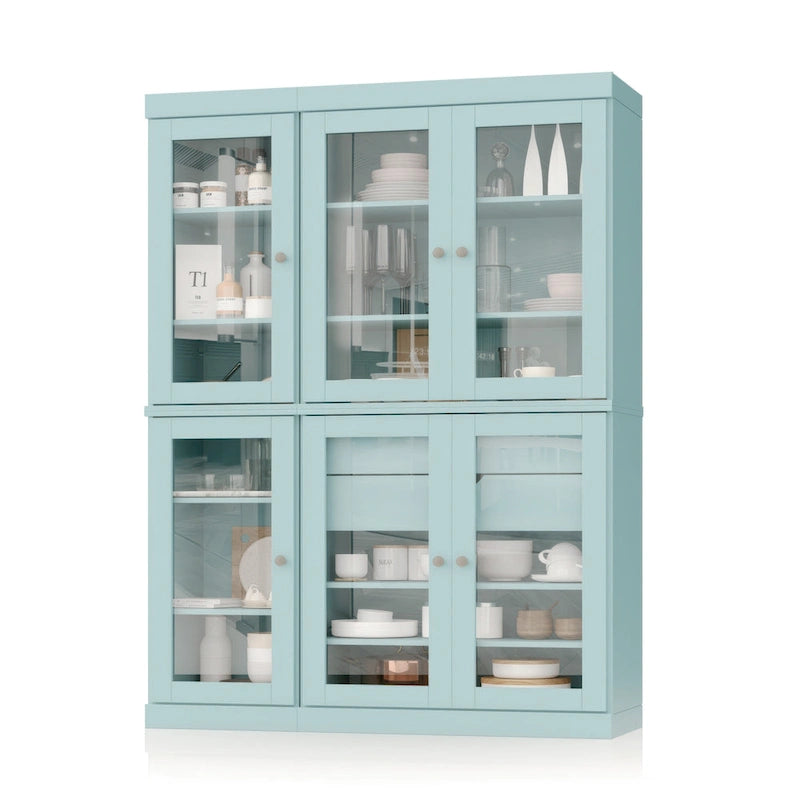Mueble de despensa/vitrina de pino macizo de 1.23 m (48.5 pulg.) con puertas de vidrio transparente, 2 cajones y estantes ajustables