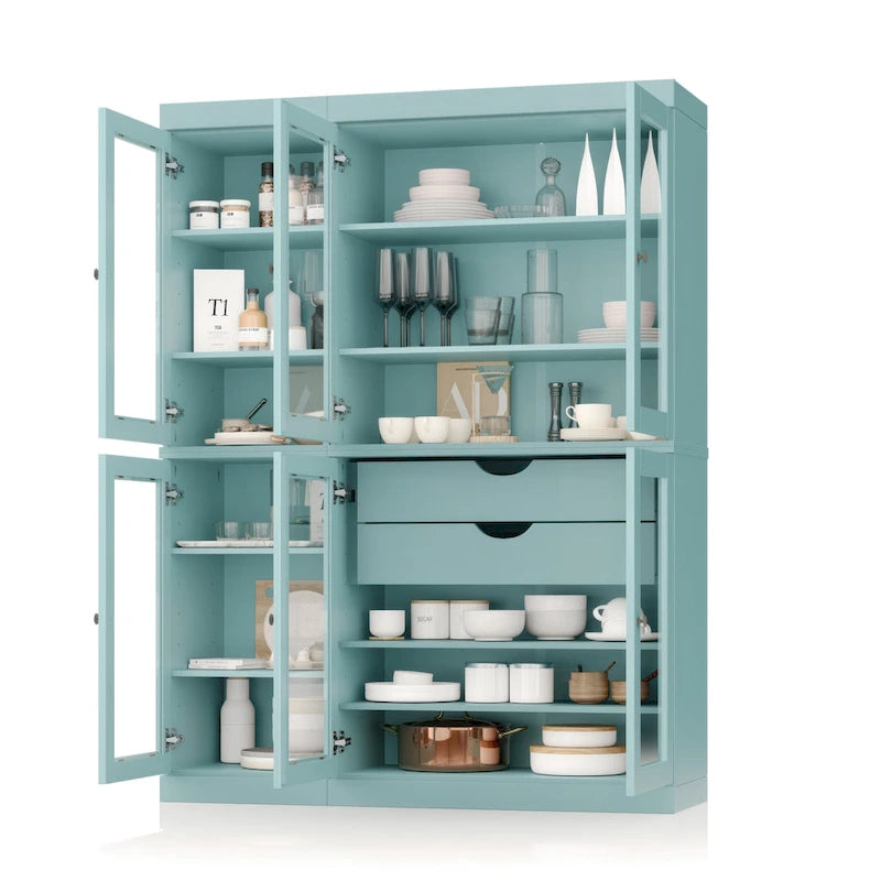 Mueble de despensa/vitrina de pino macizo de 1.23 m (48.5 pulg.) con puertas de vidrio transparente, 2 cajones y estantes ajustables