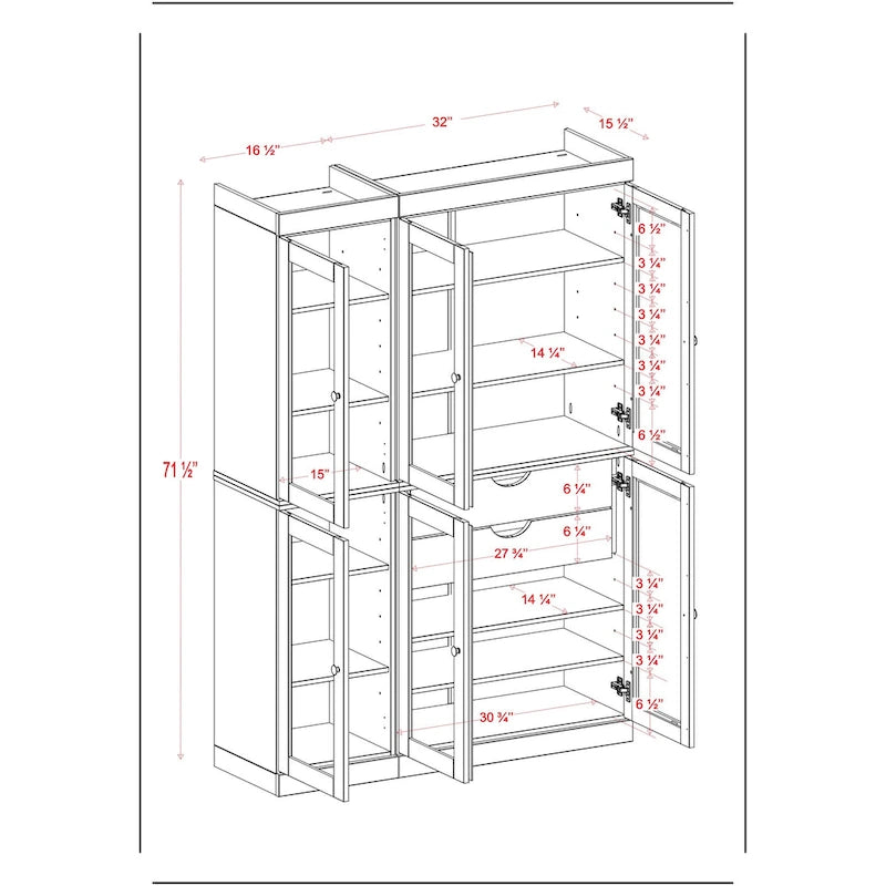 Mueble de despensa/vitrina de pino macizo de 1.23 m (48.5 pulg.) con puertas de vidrio transparente, 2 cajones y estantes ajustables