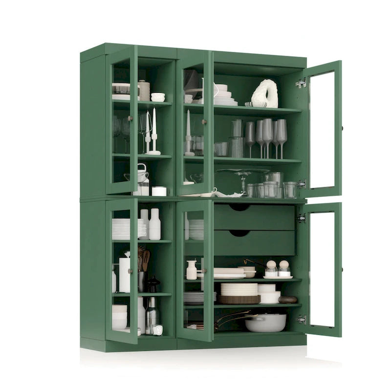 Mueble de despensa/vitrina de pino macizo de 1.23 m (48.5 pulg.) con puertas de vidrio transparente, 2 cajones y estantes ajustables