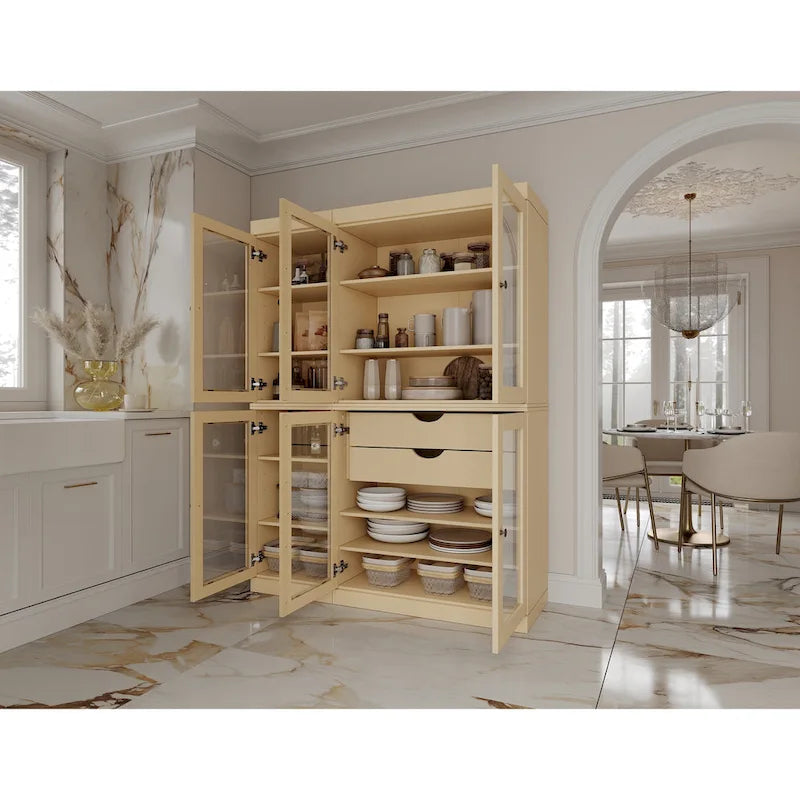 Mueble de despensa/vitrina de pino macizo de 1.23 m (48.5 pulg.) con puertas de vidrio transparente, 2 cajones y estantes ajustables