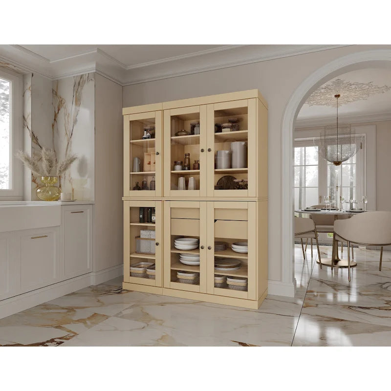 Mueble de despensa/vitrina de pino macizo de 1.23 m (48.5 pulg.) con puertas de vidrio transparente, 2 cajones y estantes ajustables