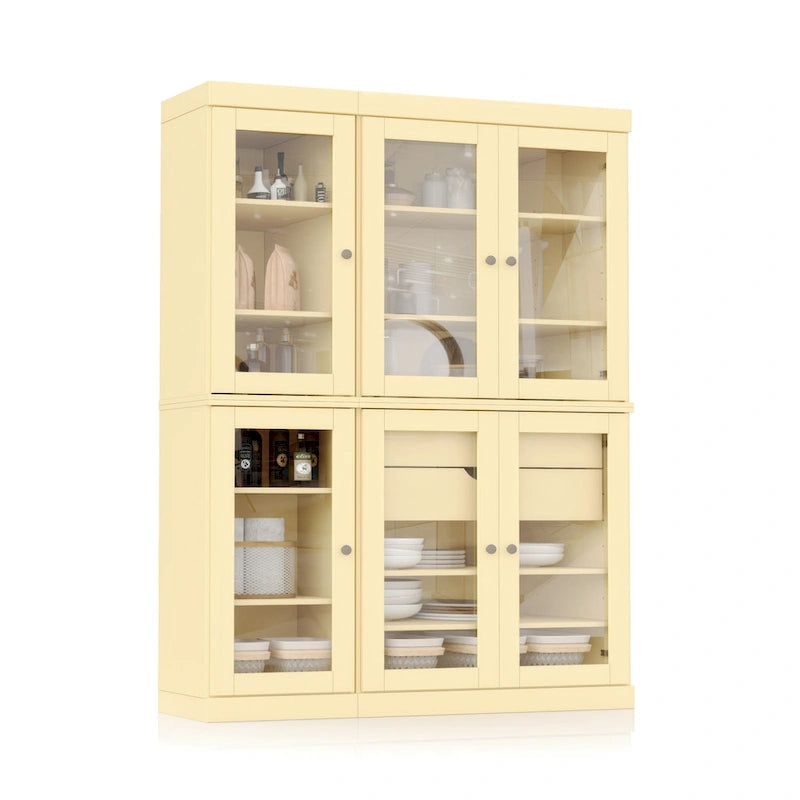 Mueble de despensa/vitrina de pino macizo de 1.23 m (48.5 pulg.) con puertas de vidrio transparente, 2 cajones y estantes ajustables