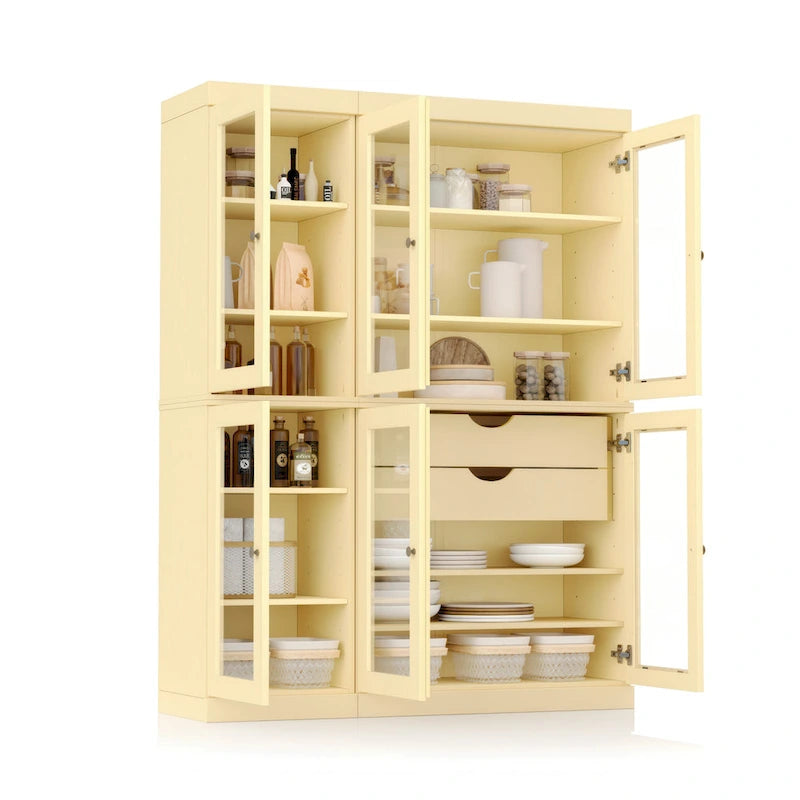 Mueble de despensa/vitrina de pino macizo de 1.23 m (48.5 pulg.) con puertas de vidrio transparente, 2 cajones y estantes ajustables
