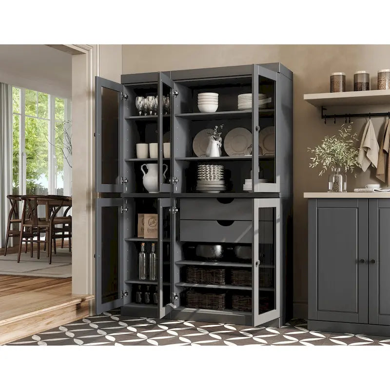 Mueble de despensa/vitrina de pino macizo de 1.23 m (48.5 pulg.) con puertas de vidrio transparente, 2 cajones y estantes ajustables