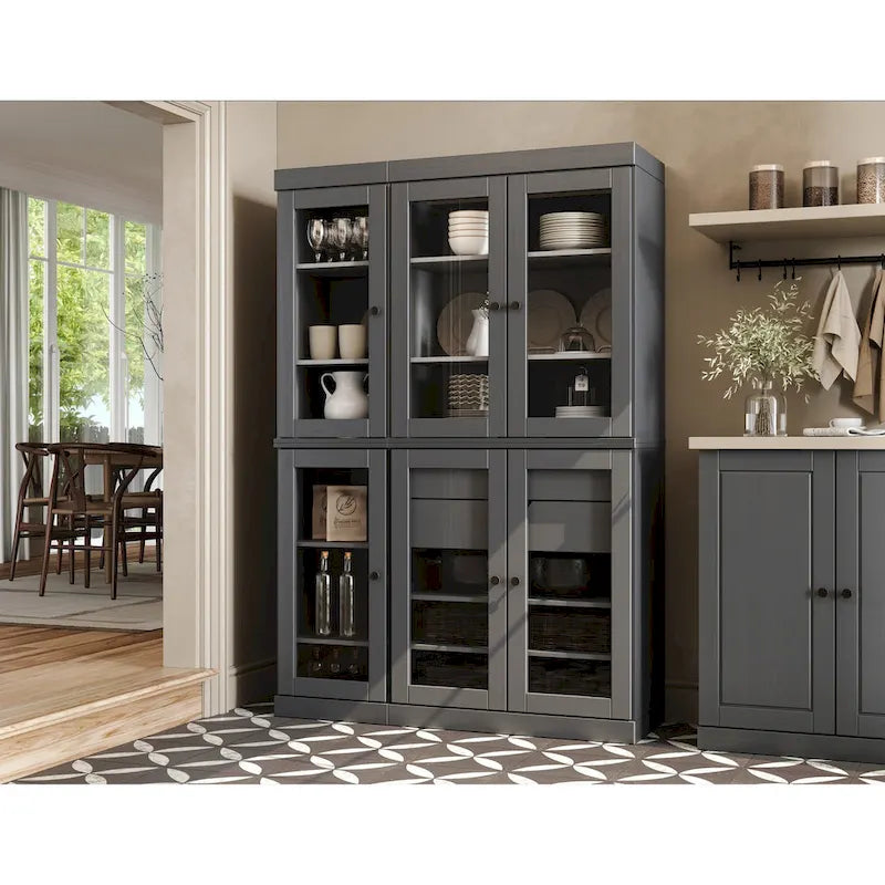 Mueble de despensa/vitrina de pino macizo de 1.23 m (48.5 pulg.) con puertas de vidrio transparente, 2 cajones y estantes ajustables