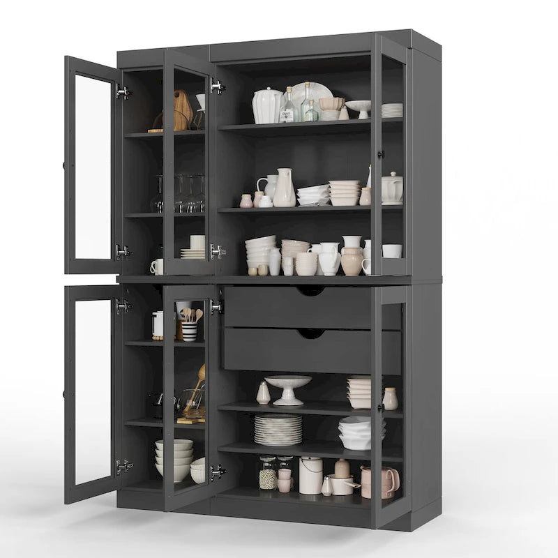 Mueble de despensa/vitrina de pino macizo de 1.23 m (48.5 pulg.) con puertas de vidrio transparente, 2 cajones y estantes ajustables