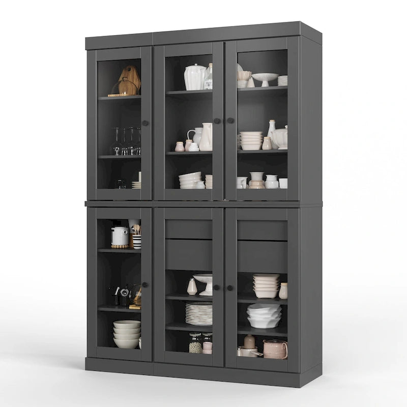 Mueble de despensa/vitrina de pino macizo de 1.23 m (48.5 pulg.) con puertas de vidrio transparente, 2 cajones y estantes ajustables