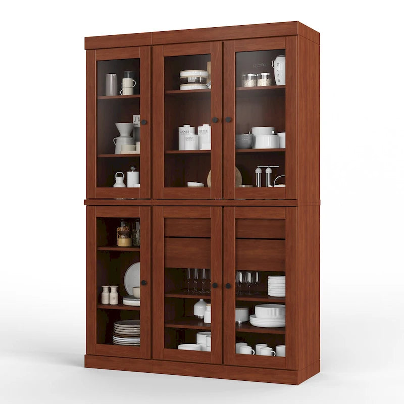 Mueble de despensa/vitrina de pino macizo de 1.23 m (48.5 pulg.) con puertas de vidrio transparente, 2 cajones y estantes ajustables