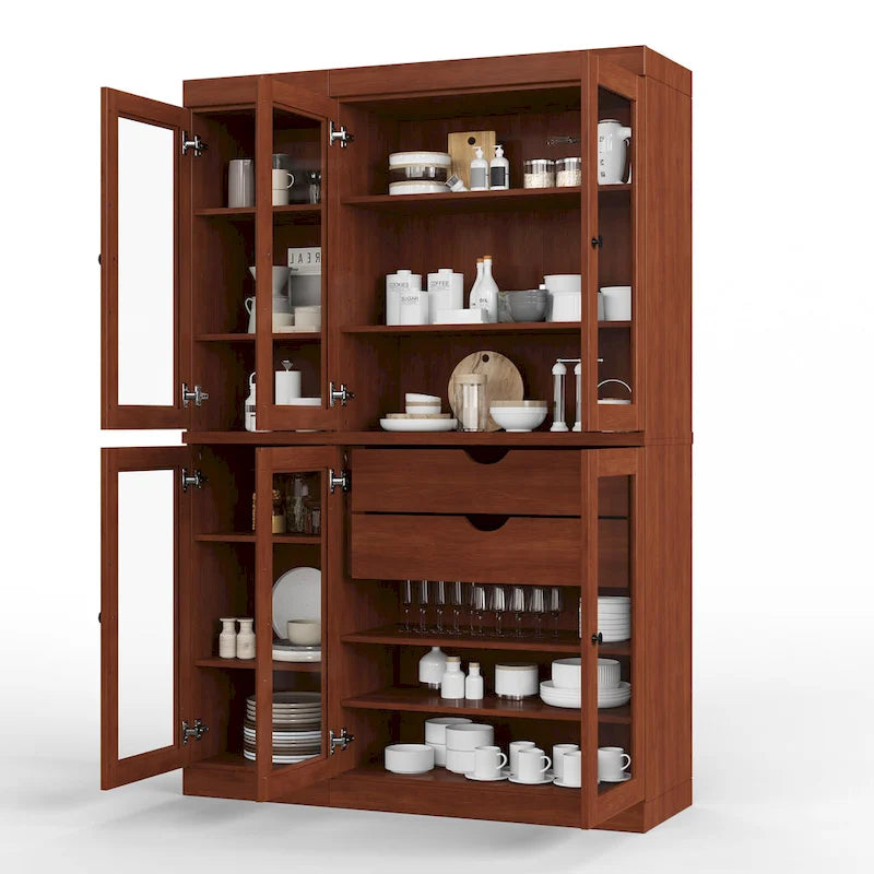 Mueble de despensa/vitrina de pino macizo de 1.23 m (48.5 pulg.) con puertas de vidrio transparente, 2 cajones y estantes ajustables