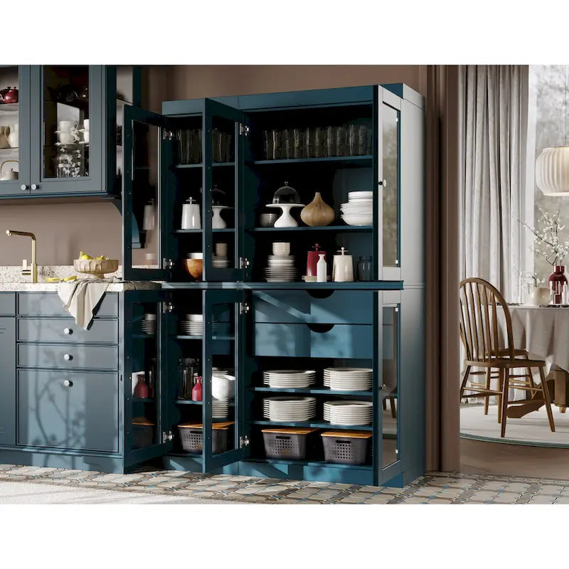 Mueble de despensa/vitrina de pino macizo de 1.23 m (48.5 pulg.) con puertas de vidrio transparente, 2 cajones y estantes ajustables
