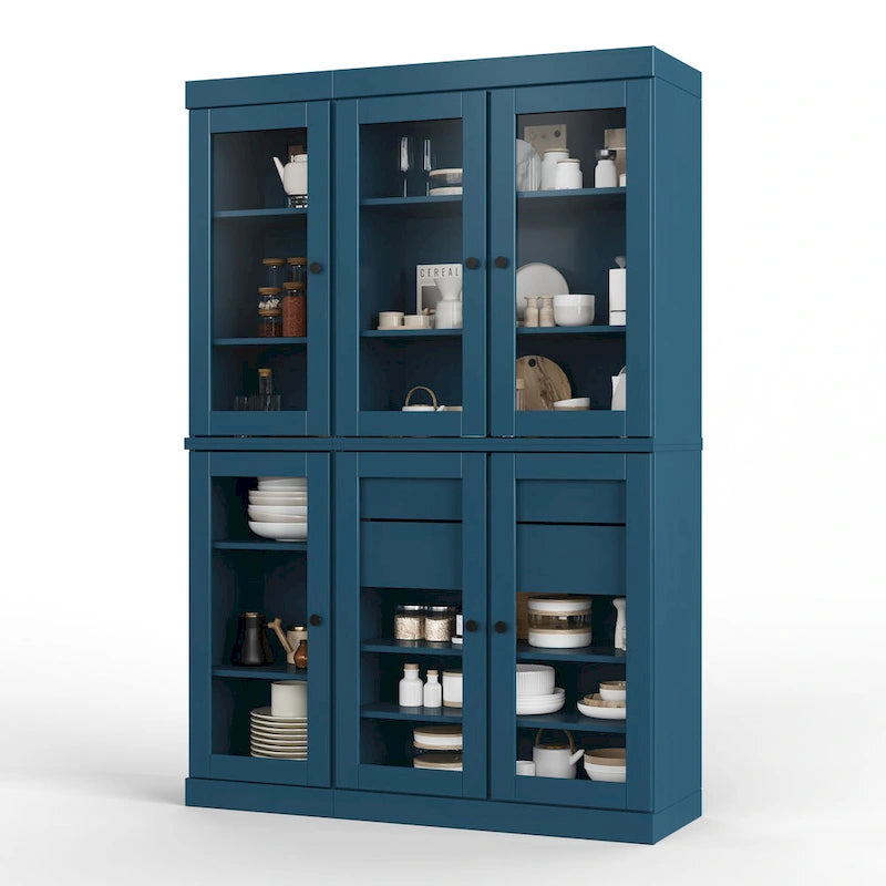 Mueble de despensa/vitrina de pino macizo de 1.23 m (48.5 pulg.) con puertas de vidrio transparente, 2 cajones y estantes ajustables