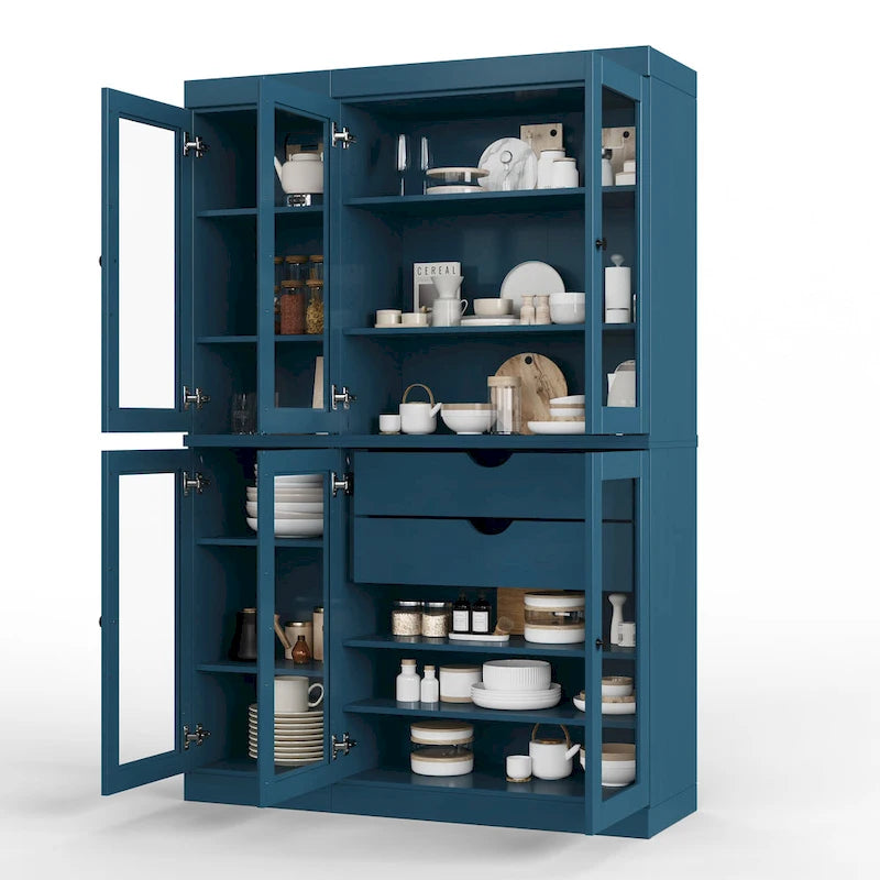 Mueble de despensa/vitrina de pino macizo de 1.23 m (48.5 pulg.) con puertas de vidrio transparente, 2 cajones y estantes ajustables