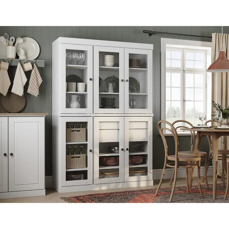 Mueble de despensa/vitrina de pino macizo de 1.23 m (48.5 pulg.) con puertas de vidrio transparente, 2 cajones y estantes ajustables