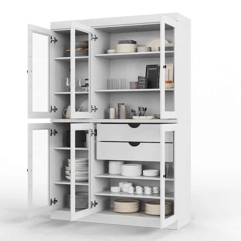 Mueble de despensa/vitrina de pino macizo de 1.23 m (48.5 pulg.) con puertas de vidrio transparente, 2 cajones y estantes ajustables