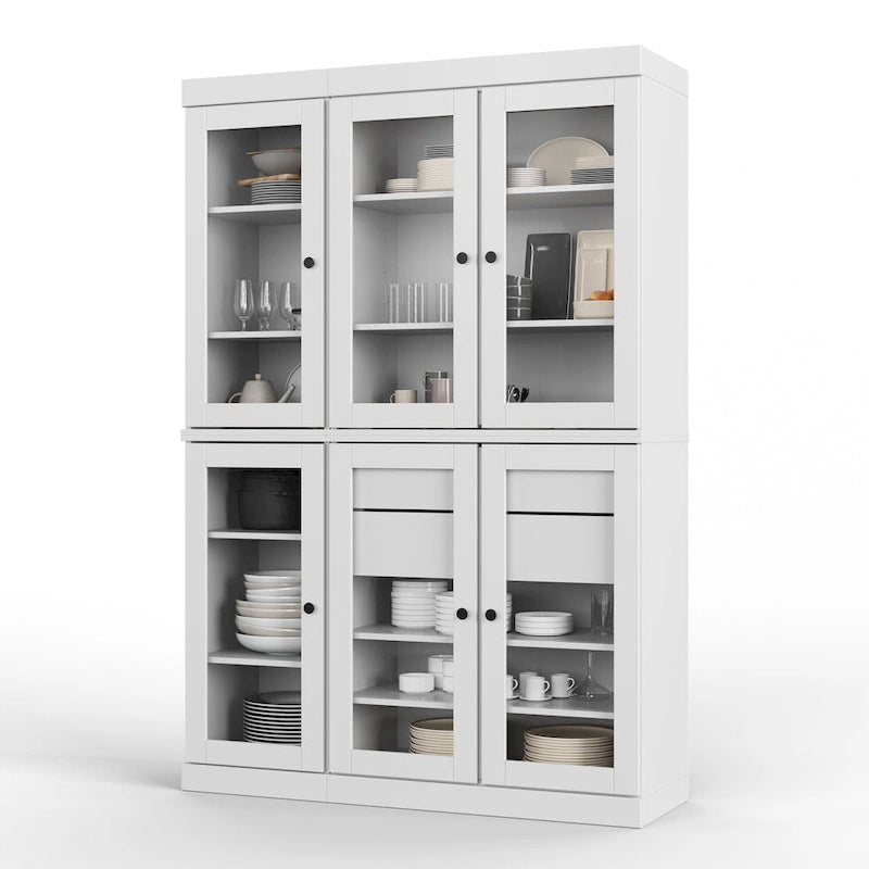 Mueble de despensa/vitrina de pino macizo de 1.23 m (48.5 pulg.) con puertas de vidrio transparente, 2 cajones y estantes ajustables