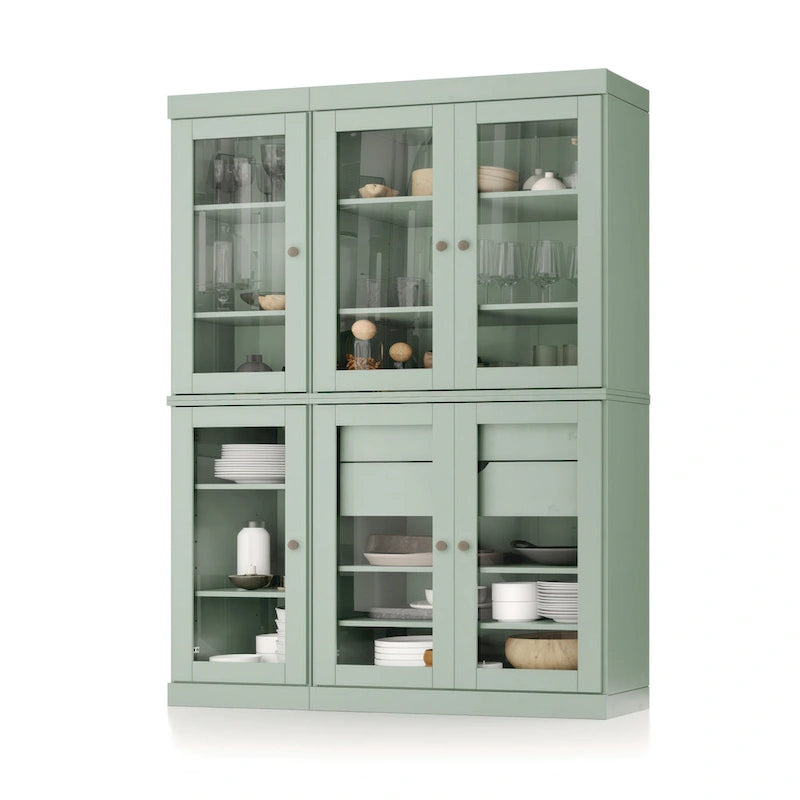 Mueble de despensa/vitrina de pino macizo de 1.23 m (48.5 pulg.) con puertas de vidrio transparente, 2 cajones y estantes ajustables