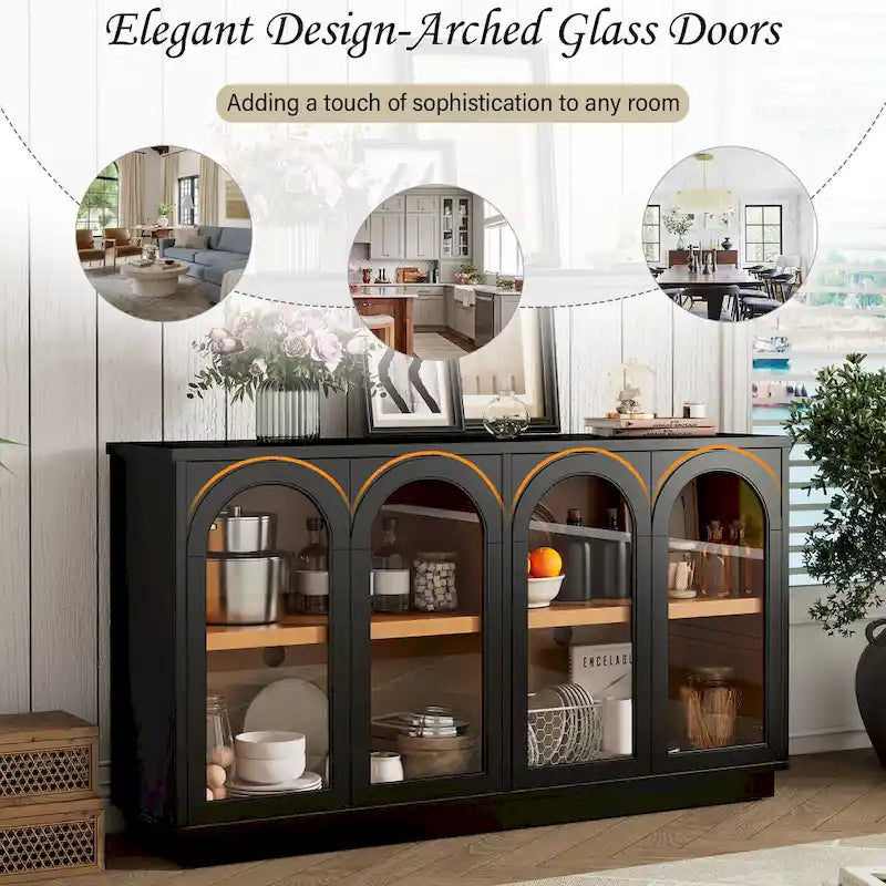Aparador de 4 puertas con gran almacenamiento, puertas de vidrio arqueadas y estantes ajustables