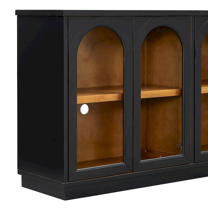 Aparador de 4 puertas con gran almacenamiento, puertas de vidrio arqueadas y estantes ajustables