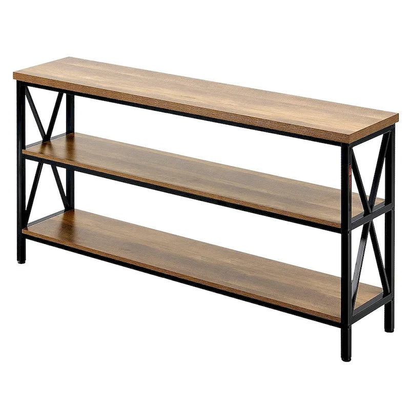 Mesa consola de metal y MDF en negro-marrón, mesa larga de pasillo de 3 niveles con capacidad de carga superior de 240 lb - 55.1 L x 13.4 An x 30.0 Al