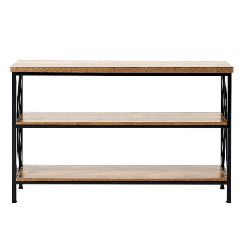 Mesa consola de metal y MDF en negro-marrón, mesa larga de pasillo de 3 niveles con capacidad de carga superior de 240 lb - 55.1 L x 13.4 An x 30.0 Al