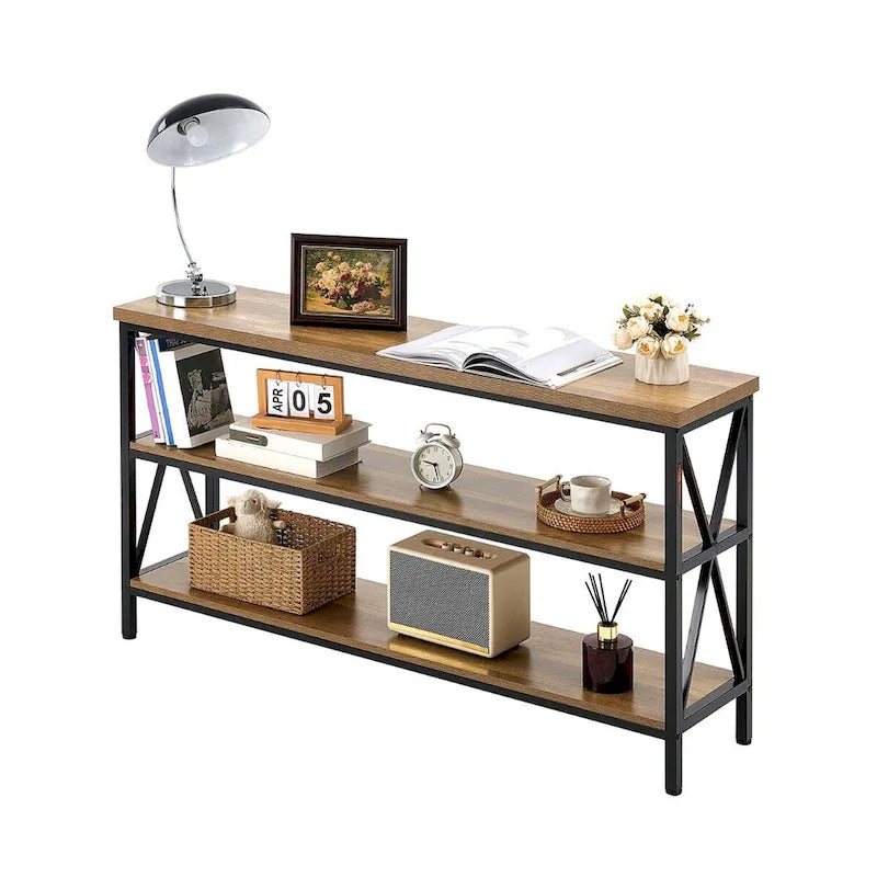 Mesa consola de metal y MDF en negro-marrón, mesa larga de pasillo de 3 niveles con capacidad de carga superior de 240 lb - 55.1 L x 13.4 An x 30.0 Al