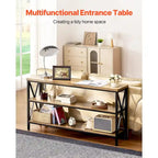 Mesa consola de metal y MDF en negro-marrón, mesa larga de pasillo de 3 niveles con capacidad de carga superior de 240 lb - 55.1 L x 13.4 An x 30.0 Al