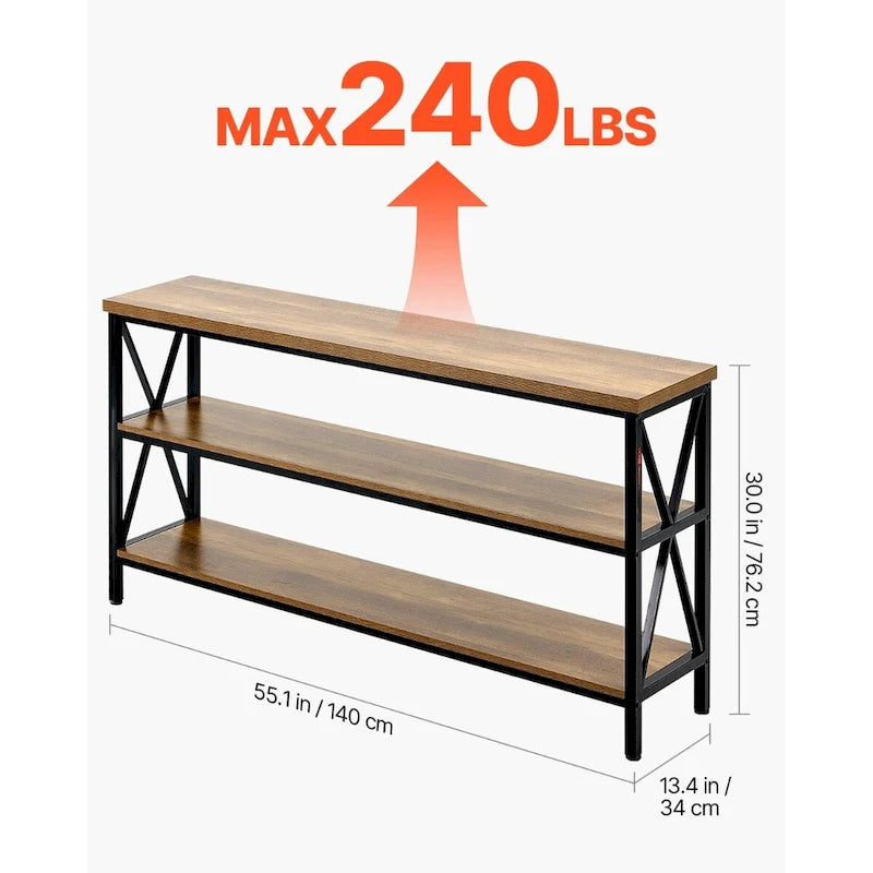 Mesa consola de metal y MDF en negro-marrón, mesa larga de pasillo de 3 niveles con capacidad de carga superior de 240 lb - 55.1 L x 13.4 An x 30.0 Al