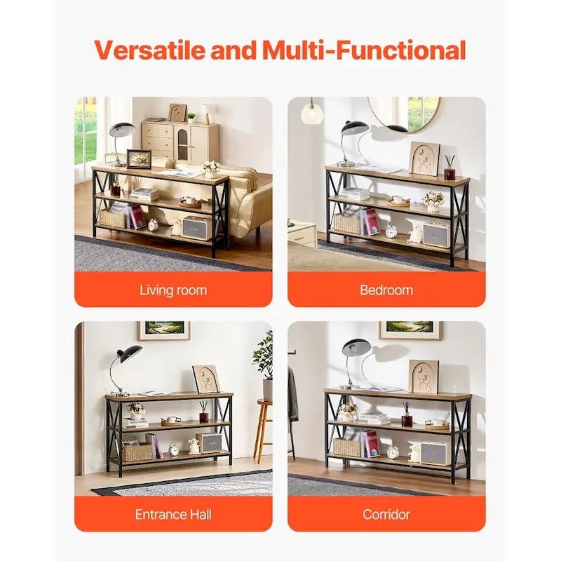 Mesa consola de metal y MDF en negro-marrón, mesa larga de pasillo de 3 niveles con capacidad de carga superior de 240 lb - 55.1 L x 13.4 An x 30.0 Al