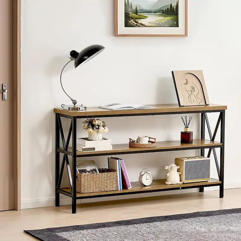 Mesa consola de metal y MDF en negro-marrón, mesa larga de pasillo de 3 niveles con capacidad de carga superior de 240 lb - 55.1 L x 13.4 An x 30.0 Al