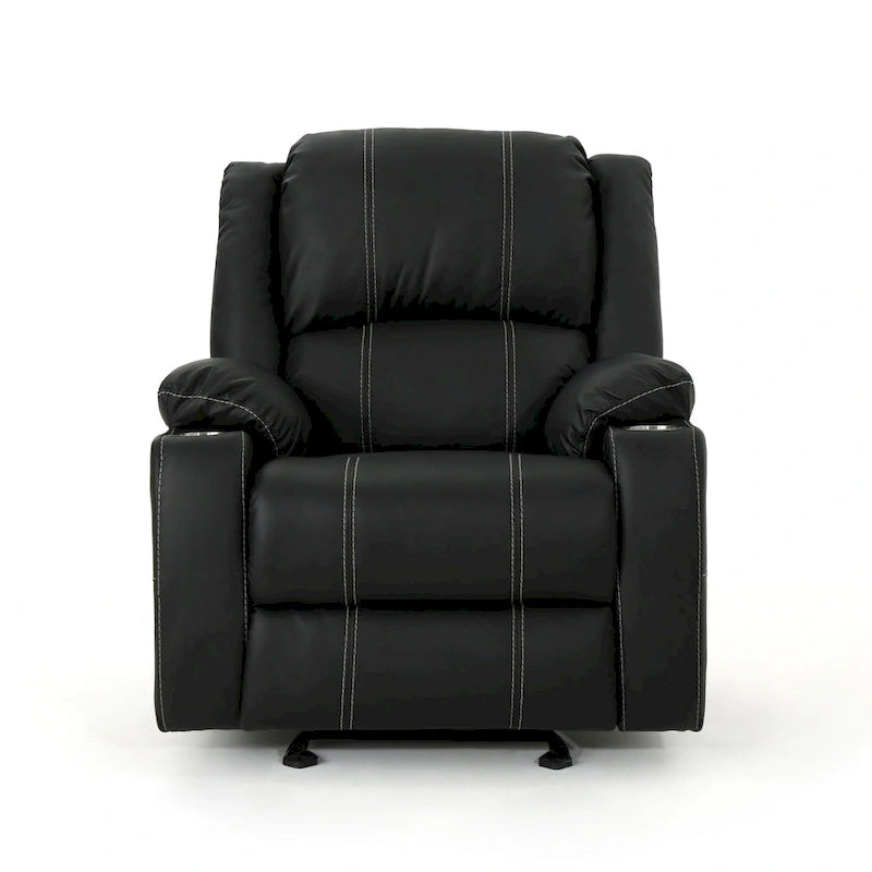 Sillón reclinable manual contemporáneo negro con portavasos de acero, tapicería de cuero sintético lujoso, reclinado ajustable