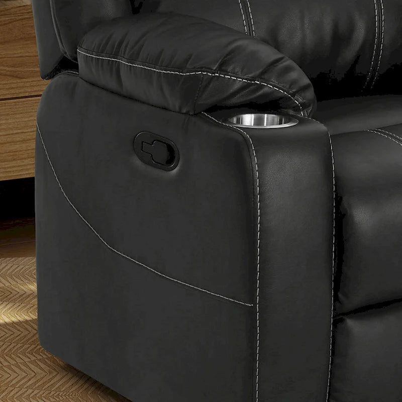 Sillón reclinable manual contemporáneo negro con portavasos de acero, tapicería de cuero sintético lujoso, reclinado ajustable