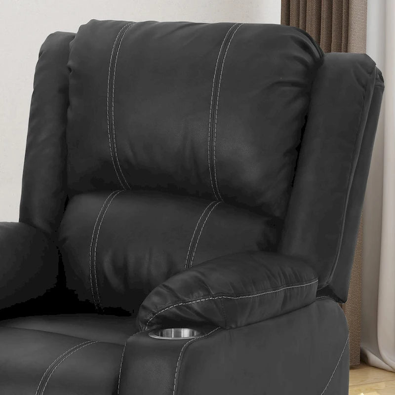 Sillón reclinable manual contemporáneo negro con portavasos de acero, tapicería de cuero sintético lujoso, reclinado ajustable
