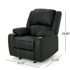 Sillón reclinable manual contemporáneo negro con portavasos de acero, tapicería de cuero sintético lujoso, reclinado ajustable