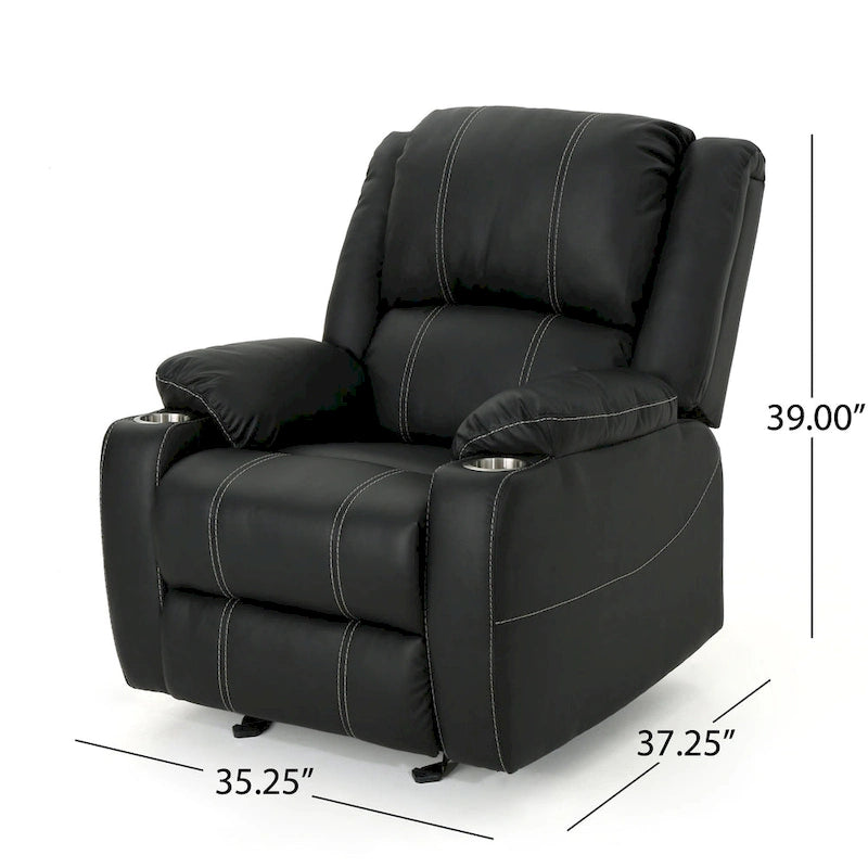 Sillón reclinable manual contemporáneo negro con portavasos de acero, tapicería de cuero sintético lujoso, reclinado ajustable