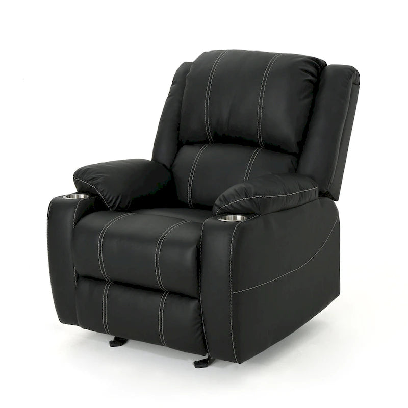 Sillón reclinable manual contemporáneo negro con portavasos de acero, tapicería de cuero sintético lujoso, reclinado ajustable